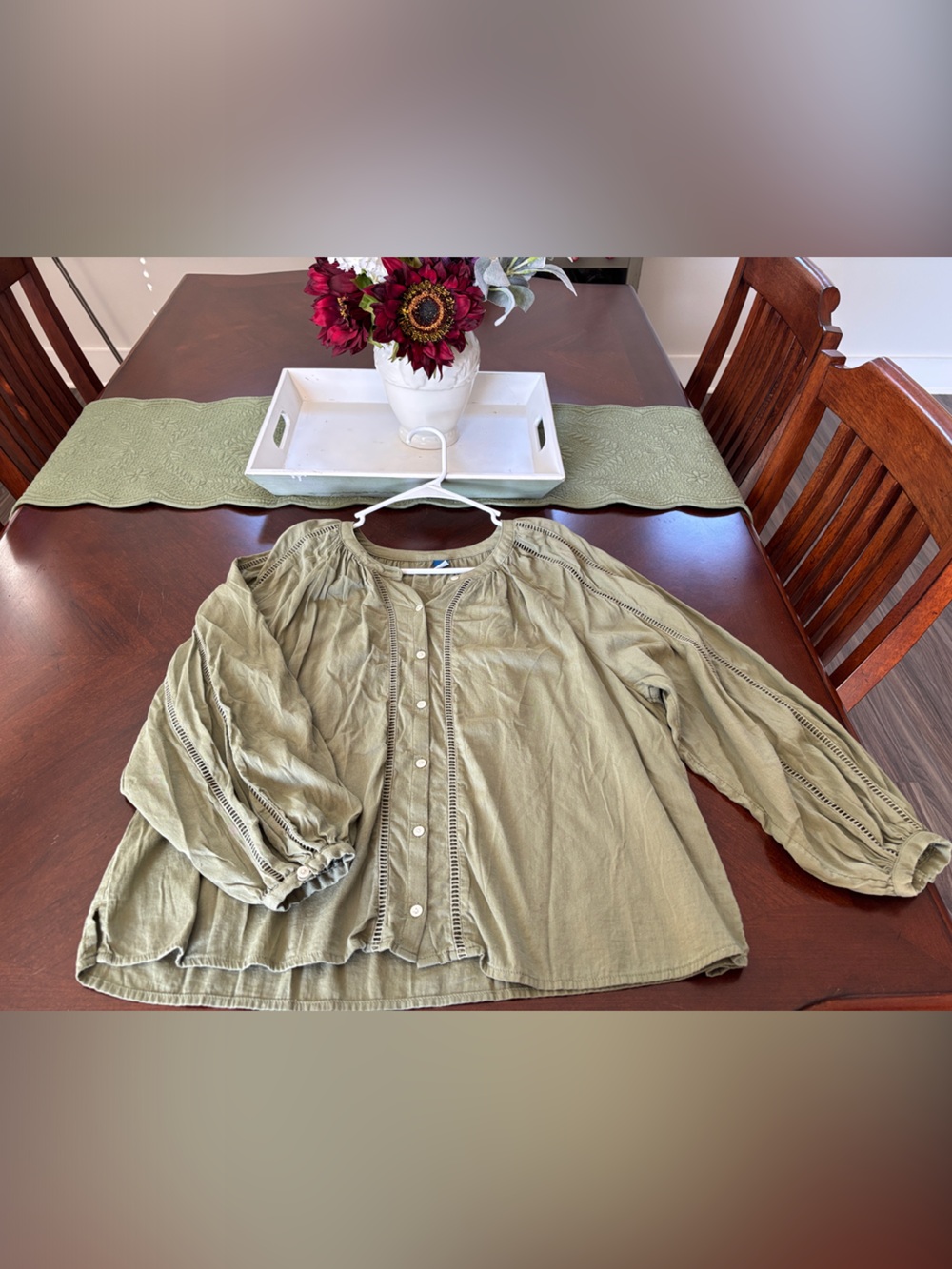 Old Navy Olive Green Button-Front Peasant Blouse